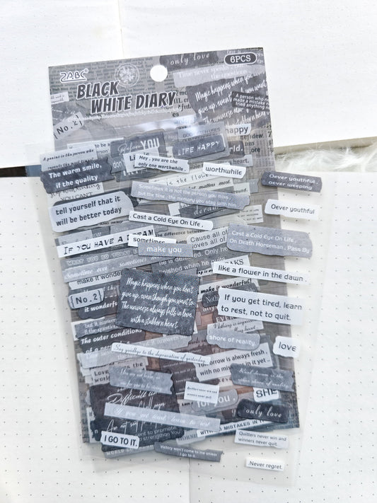 Fgjsg402|G10| Black White Diary Sentence Letters Quotes | 6 Sheets 150*100mm