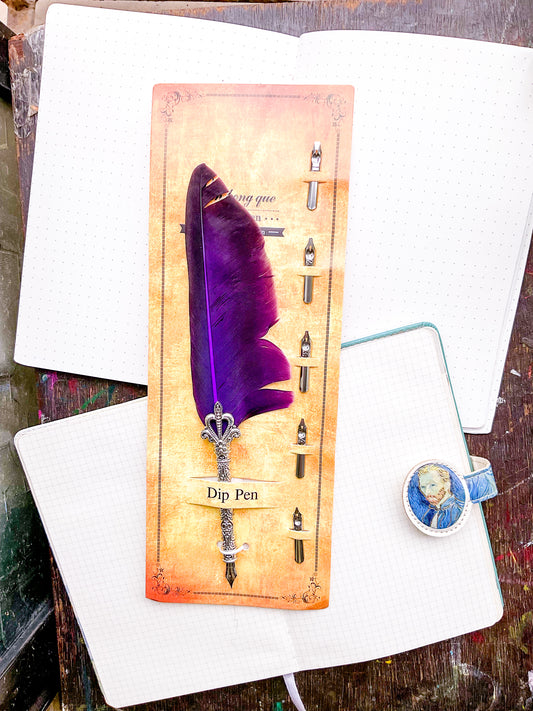 MG-265C-2 | Vintage-Style Purple Silver Feather Dip Pen |  Five Replacement Metals Nibs