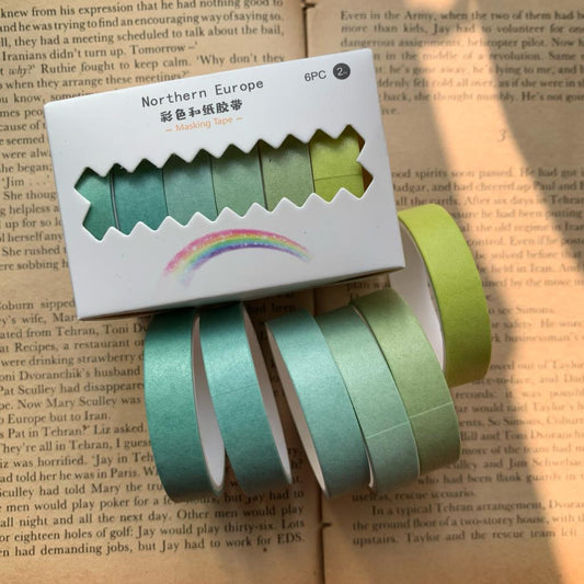 Green Washi Tape Set | Solid Color | Length 2mtr Each | 6 Pcs Set | Width 10mm each