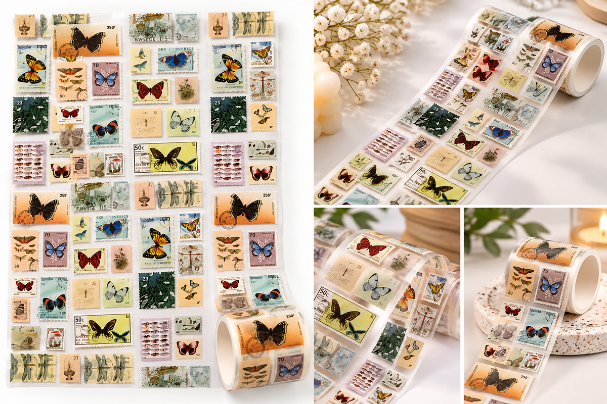 MMK03F098-Butterfly Gathering| Vintage Sticker Roll| Retro Stamp Sticker Roll|2MM|Paper Sticker