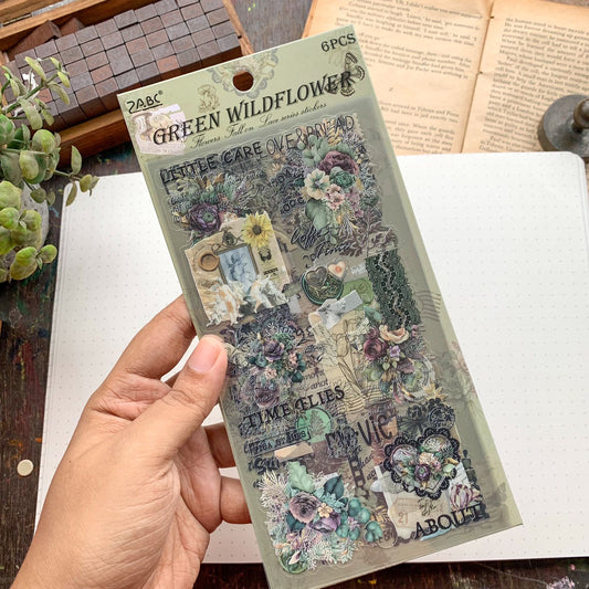 DS-THF-2-GW(KQ) | PET  Journal Paper Sticker Green wild flower | 6 sheets | 95*180mm |