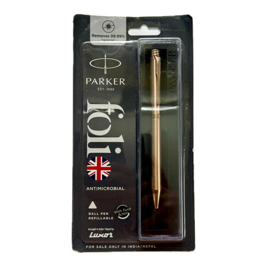 Parker Folio Stainless Steel Chrome Trim Ball Pen with 1 Blue Refill. Copper   | Fine Point | Blue Ink | Refillable