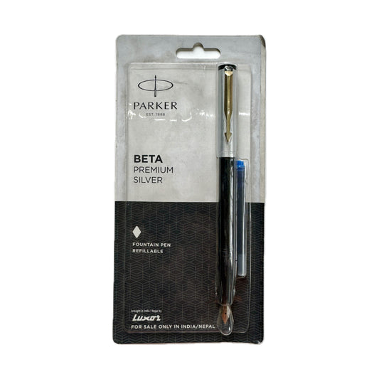 Parker Beta Premium Silver Fountain pen | Blue Ink | Refillable with 1 ink cartridge