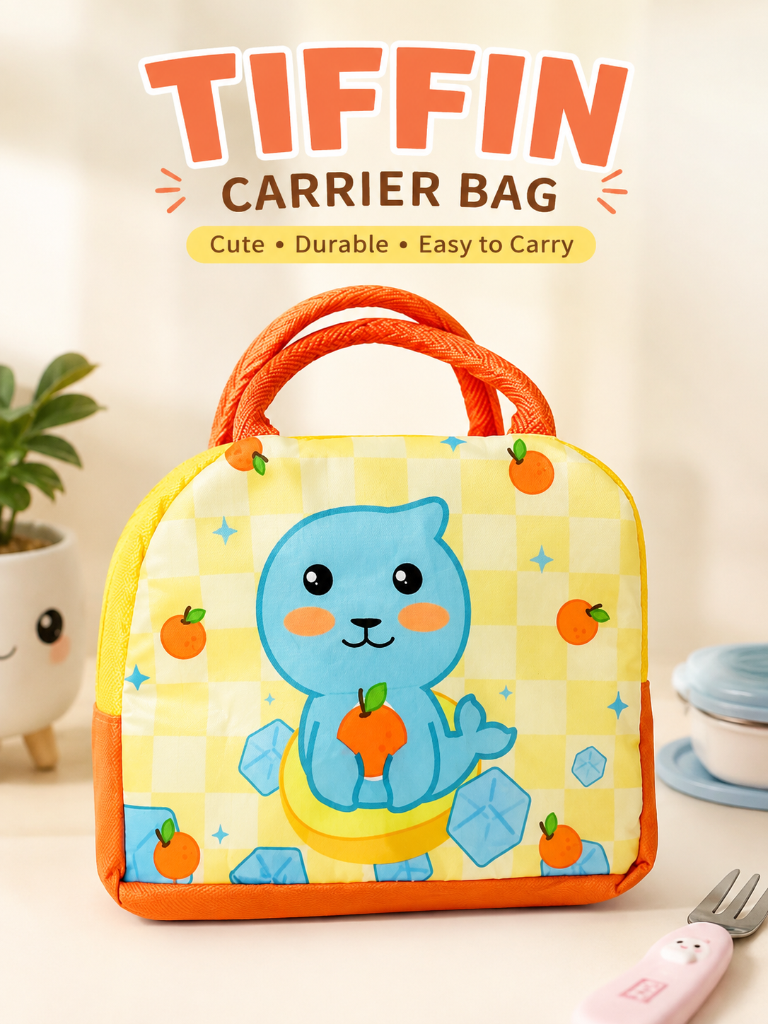Yellow Checkered Kawaii Cartoon Tiffin Carrier Bag | 19*22mm