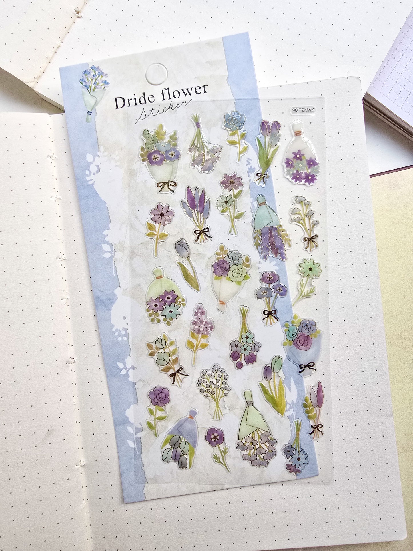 ZWBL-05 Dride Flower Sticker| Daiso Luxury Deco Sticker|3d Decorative Cute Floral Sticker|1 Sheet 9x20.5cm|Sky Blue Theme| Lunar