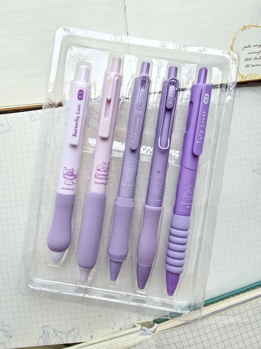 Kbx6041e Kawaii Pen Set of 5 | Black ink 0.5 mm nib | Purple