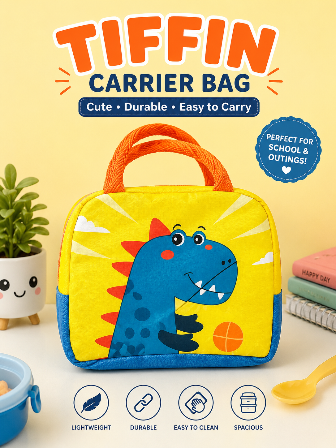 Blue Checkered Kawaii Cartoon Tiffin Carrier Bag | 19*22mm