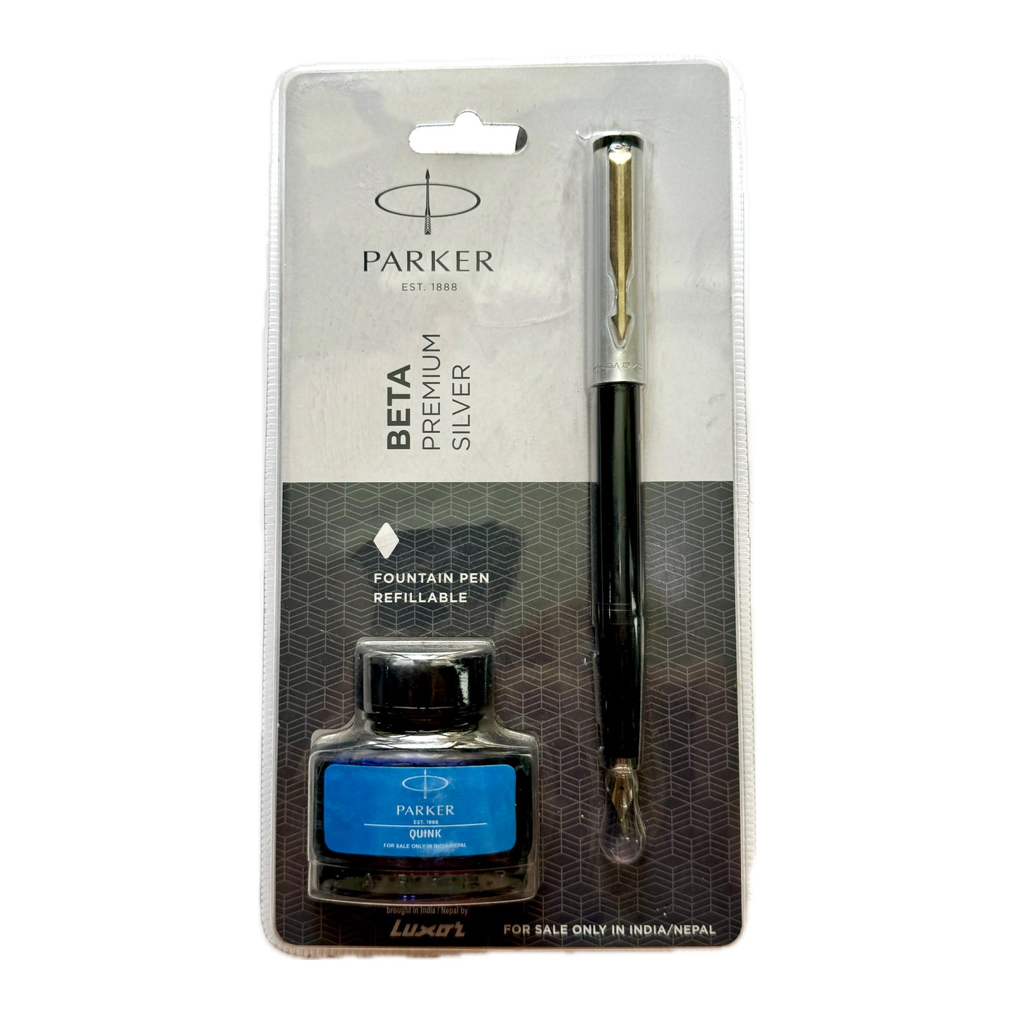 Parker Beta Premium Silver Fountain pen | Fine Point | Blue Ink | Refillable with ink bottle
