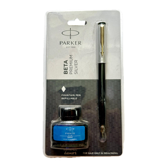 Parker Beta Premium Silver Fountain pen | Fine Point | Blue Ink | Refillable with ink bottle