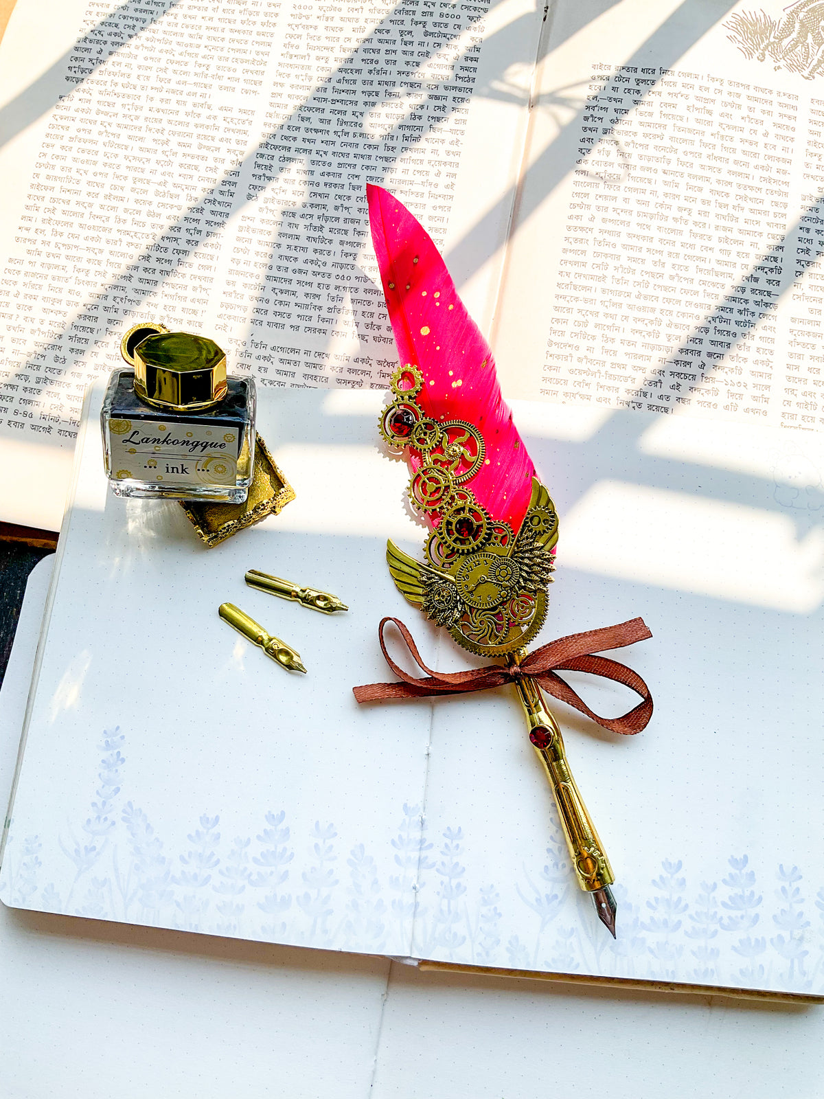FPS-10098 | Vintage Feather Calligraphy Pen & Ink Set | Feather Pen 1 | Replacement Nibs 5 |Pen Holder 1 | Ink bottle 1 |