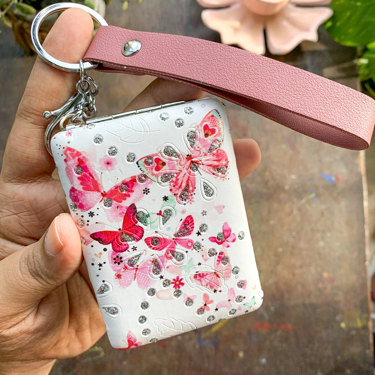 KQ0403BB Pocket Mirror Pink Butterfly  | Double Mirror 1x & 2x | Multipurpose Mirror with holding Strap and Key chain