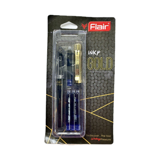 Flair Inkq Gold  liquid ink fountain pen | Metallic Body | Body Color: Golden black | Ink Color: Blue 4 free cartridges