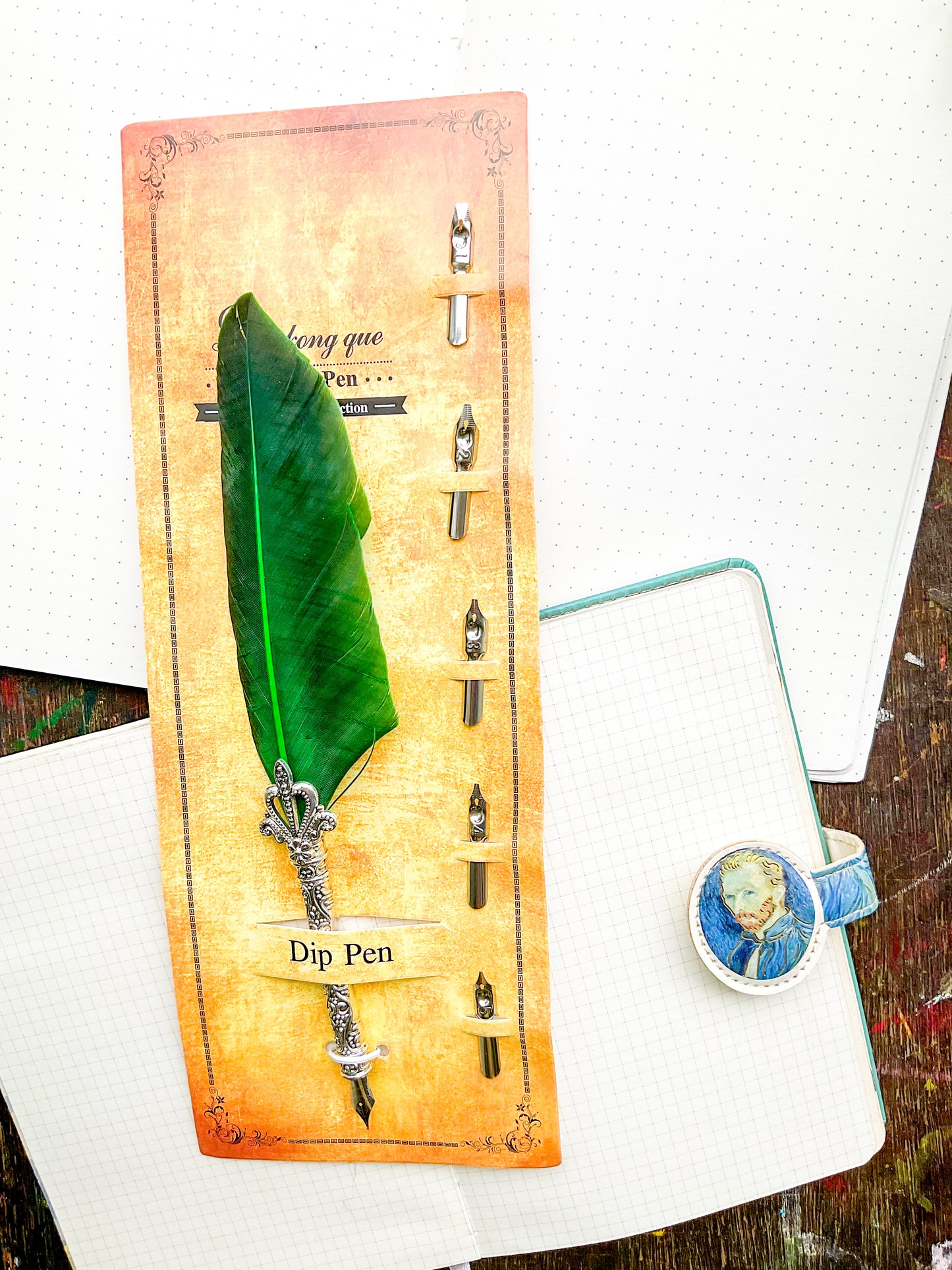 MG-265C-3 | Vintage-Style Light Green Silver Feather Dip Pen |  Five Replacement Metals Nibs