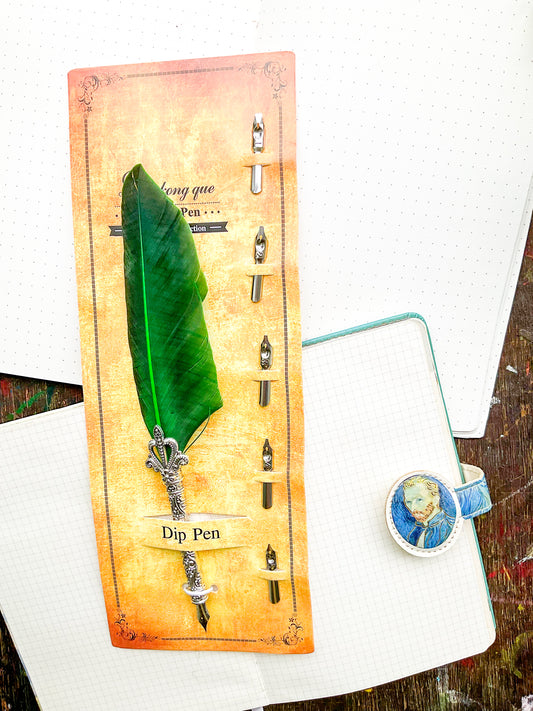 MG-265C-3 | Vintage-Style Light Green Silver Feather Dip Pen |  Five Replacement Metals Nibs