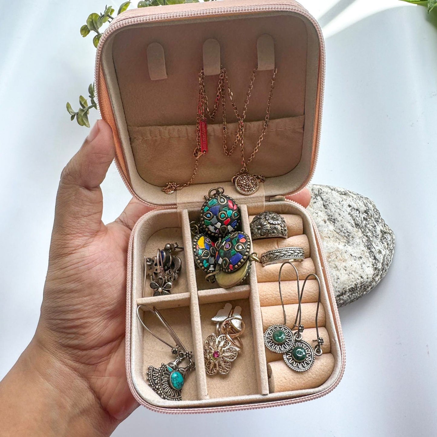 Mini Jewellery Organizer Box For Women Travel Ring, Pendant, Earring, Necklace Storage Case 4X4 Inch Peach Square