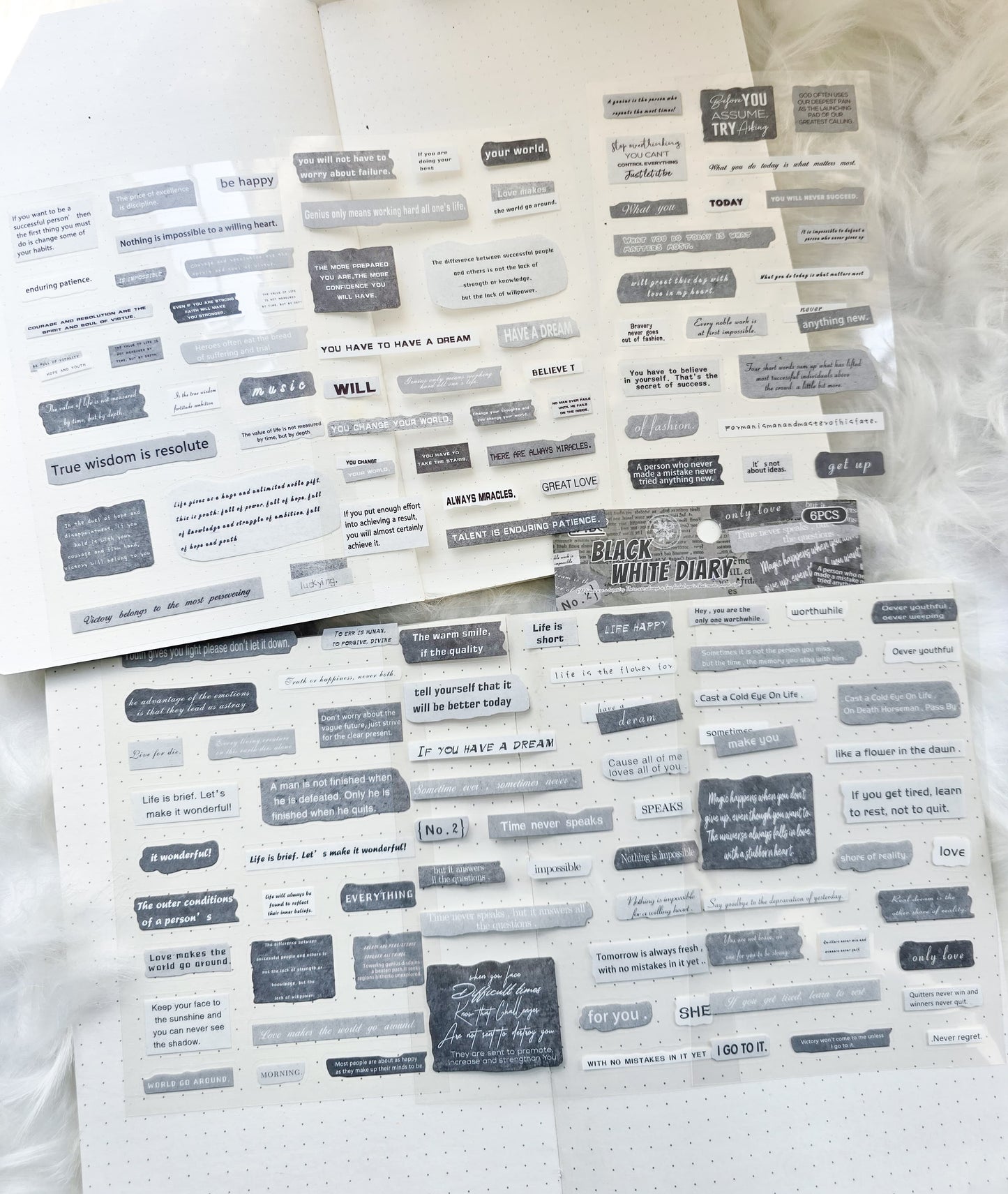 Fgjsg402|G10| Black White Diary Sentence Letters Quotes | 6 Sheets 150*100mm