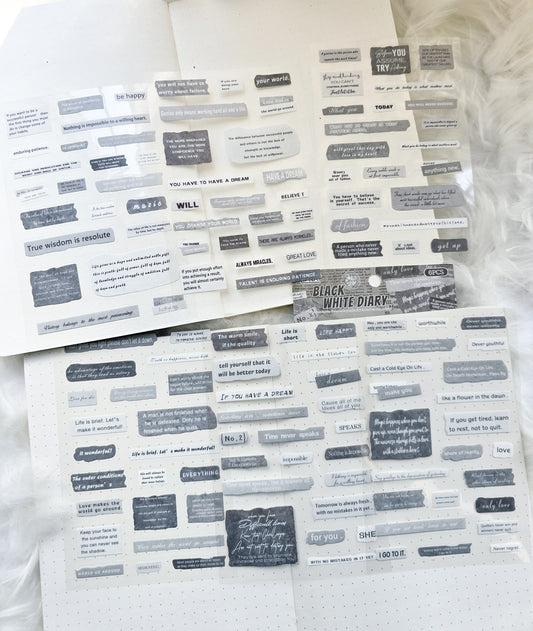 Fgjsg402|G10| Black White Diary Sentence Letters Quotes | 6 Sheets 150*100mm
