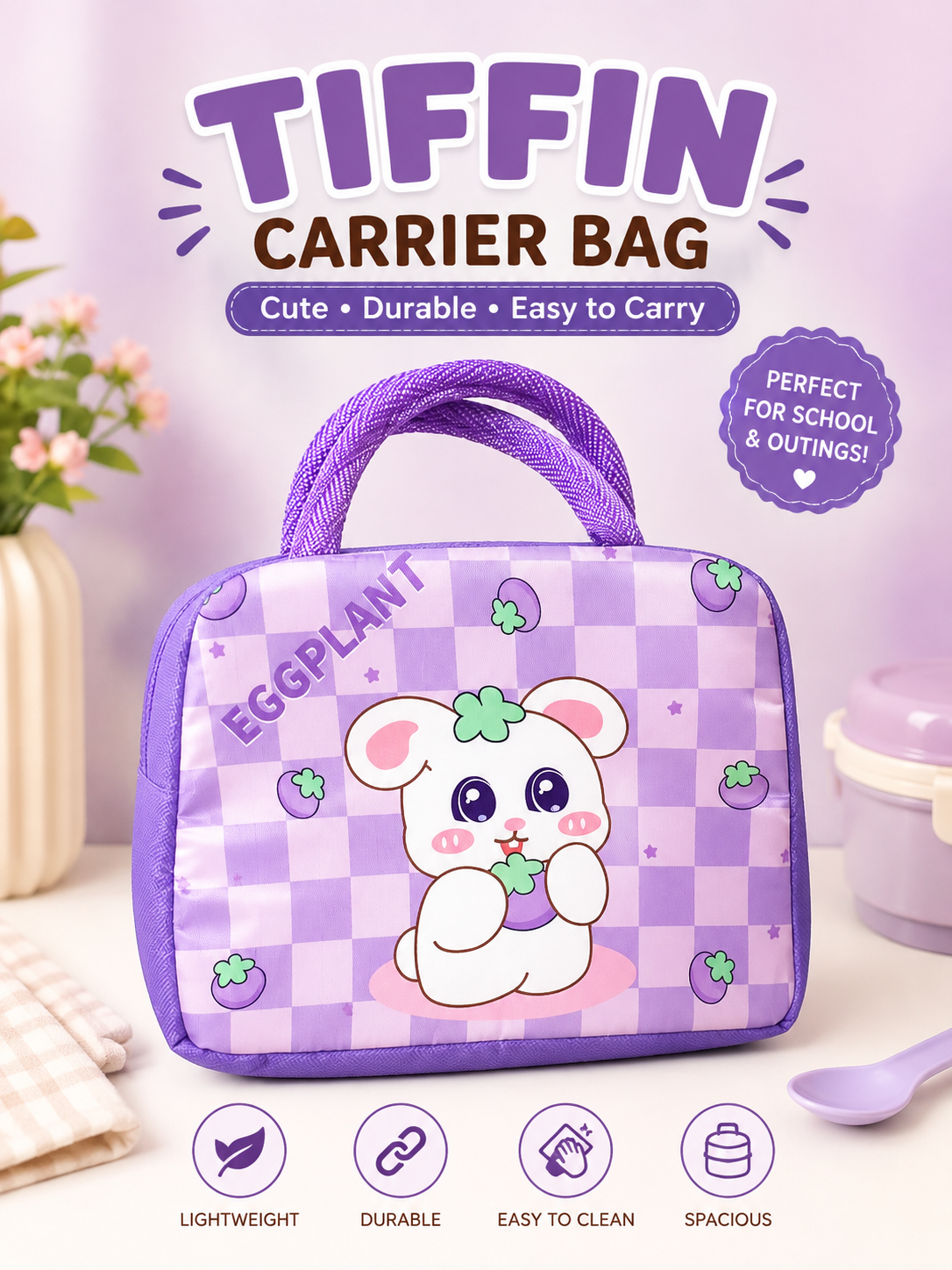 Purple Checkered Kawaii Cartoon Tiffin Carrier Bag | 19*22mm