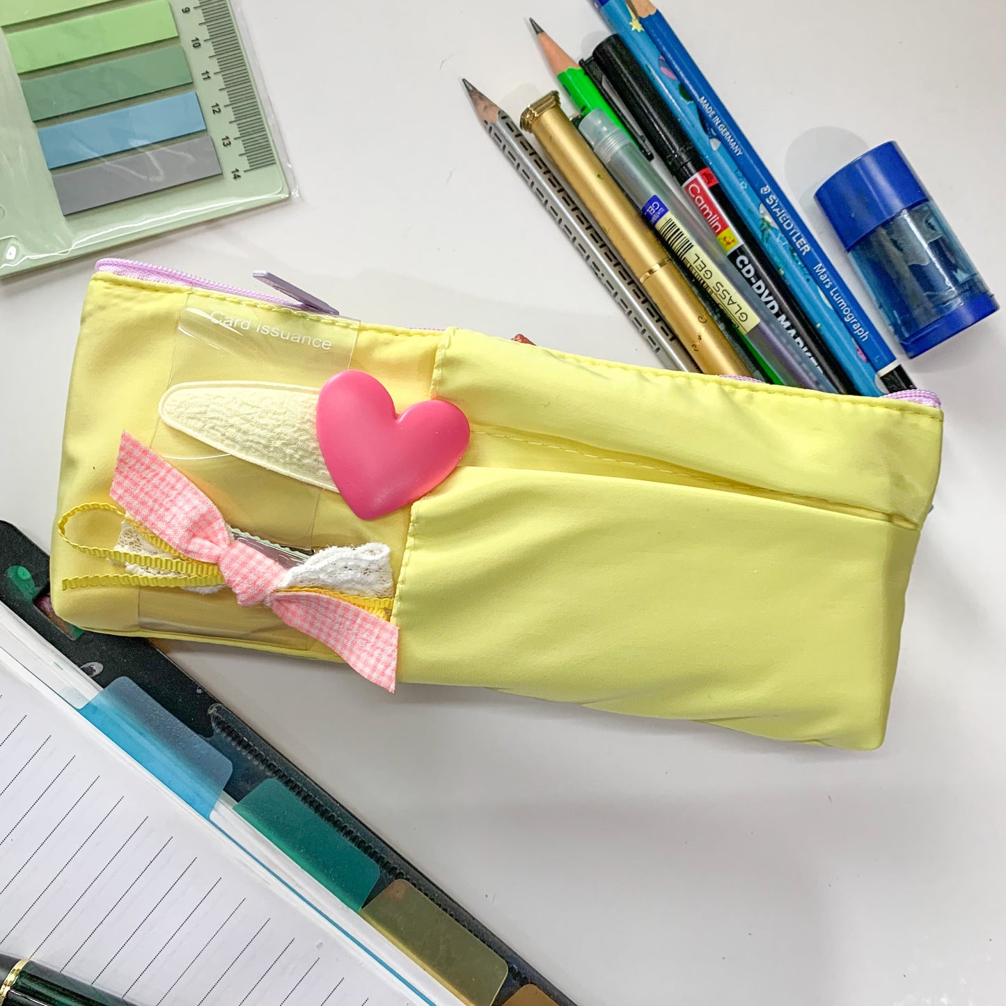 Pencil Fabric Bag With 2 Adorable Hair Clip Lemon yellow | 8X3 in