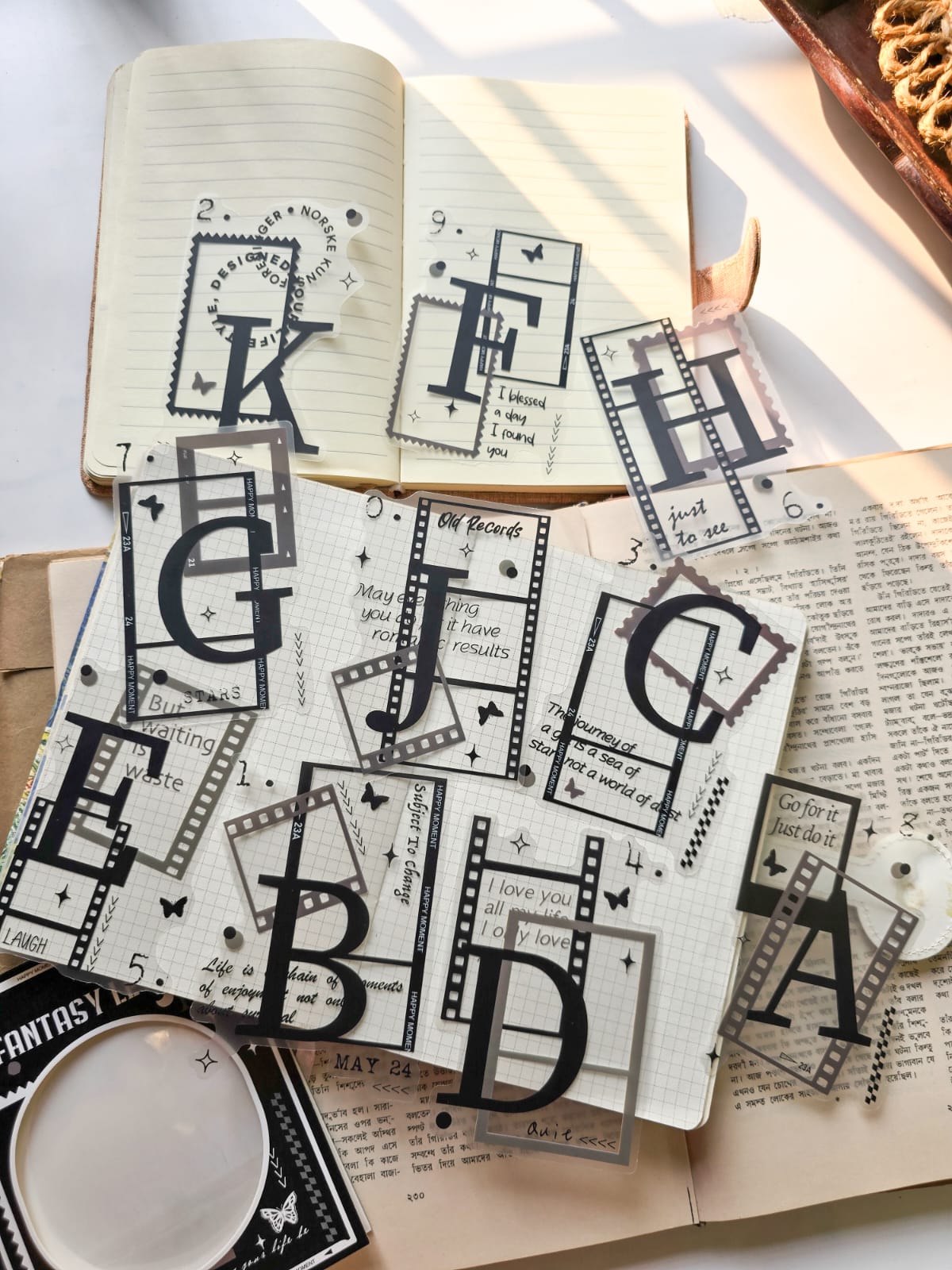 AYHY606 - sticker pack Dark Elegant Flower Rhythm series creative retro ins handbook material stickers DIY 10 pieces| Alphabet Letter Retro Flim Strip Black & White Sticker