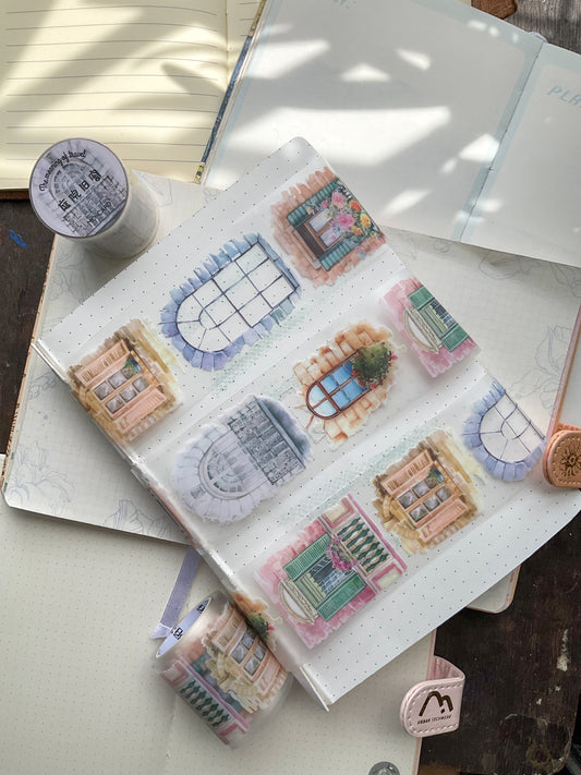MMK03G106-The Meaning Of Travel |Window Theme| Old Courtyard Window| PET Sticker Roll|2mtr