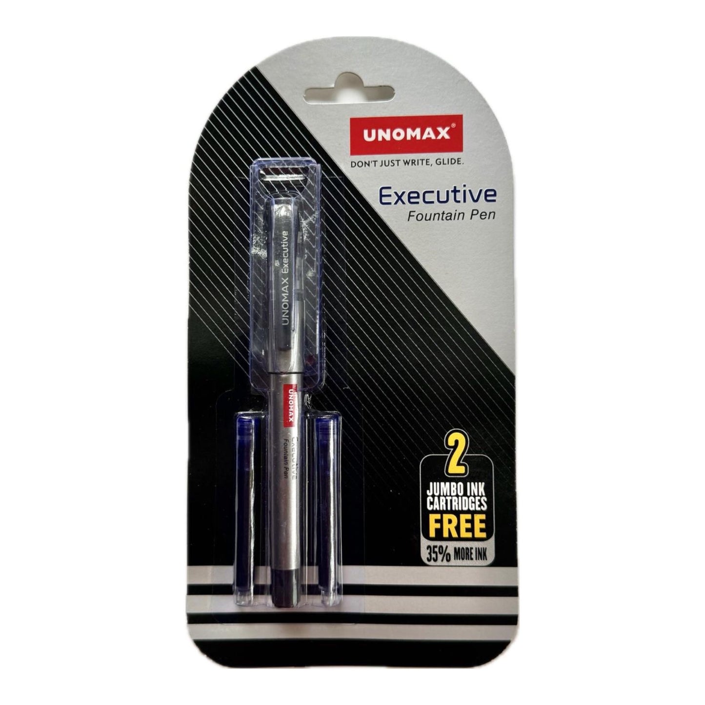 Unomax Executive fountain pen | Body Color: Silver | Ink Color: Blue | jumbo 2 ink cartridge