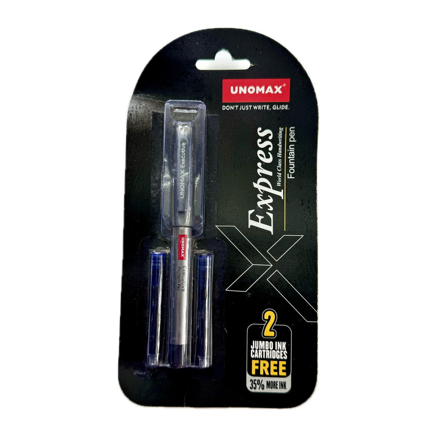 Unomax Express fountain pen  | Body Color: Silver | Ink Color: Blue | jumbo 2 ink cartridge