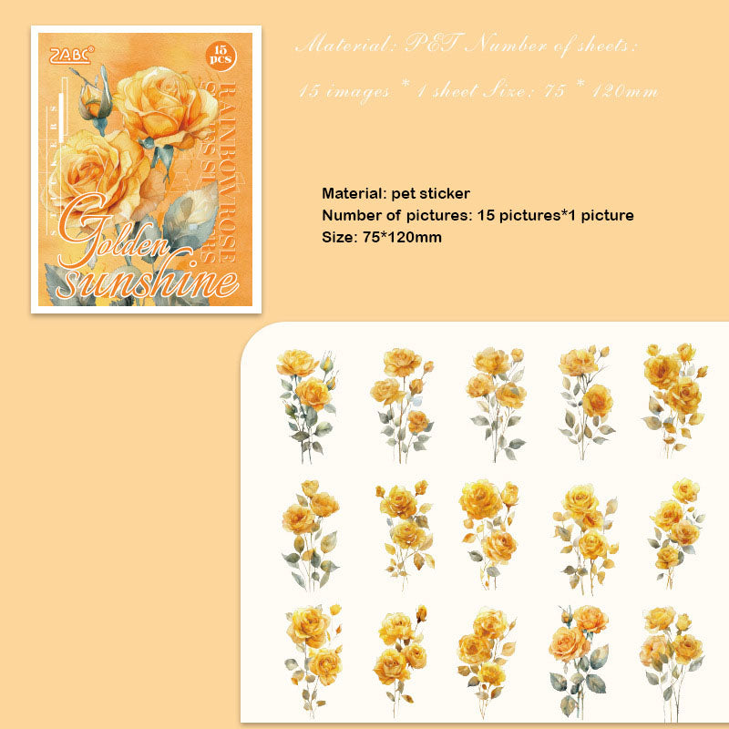 HCMG604 - sticker pack rainbow rose series of flowers waterproof pet hand account material sticker 15 into (Yellow)