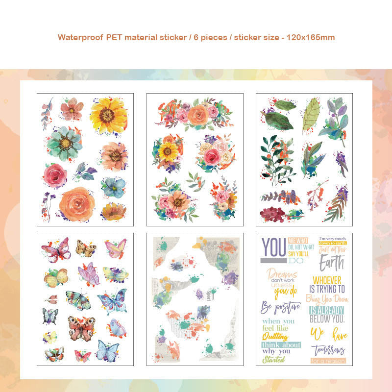 HDLY604 - sticker pack flower butterfly green leaf series retro PET cut film flower handbook material DIY 6 sheets