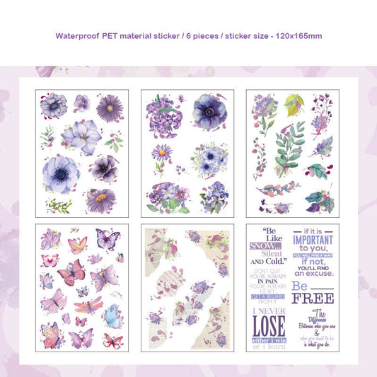 HDLY606 - sticker pack flower butterfly green leaf series retro PET cut film flower handbook material DIY 6 sheets