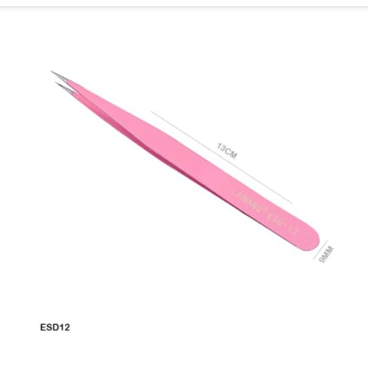ESD12 Tweezers Pink Stainless Steel Straight