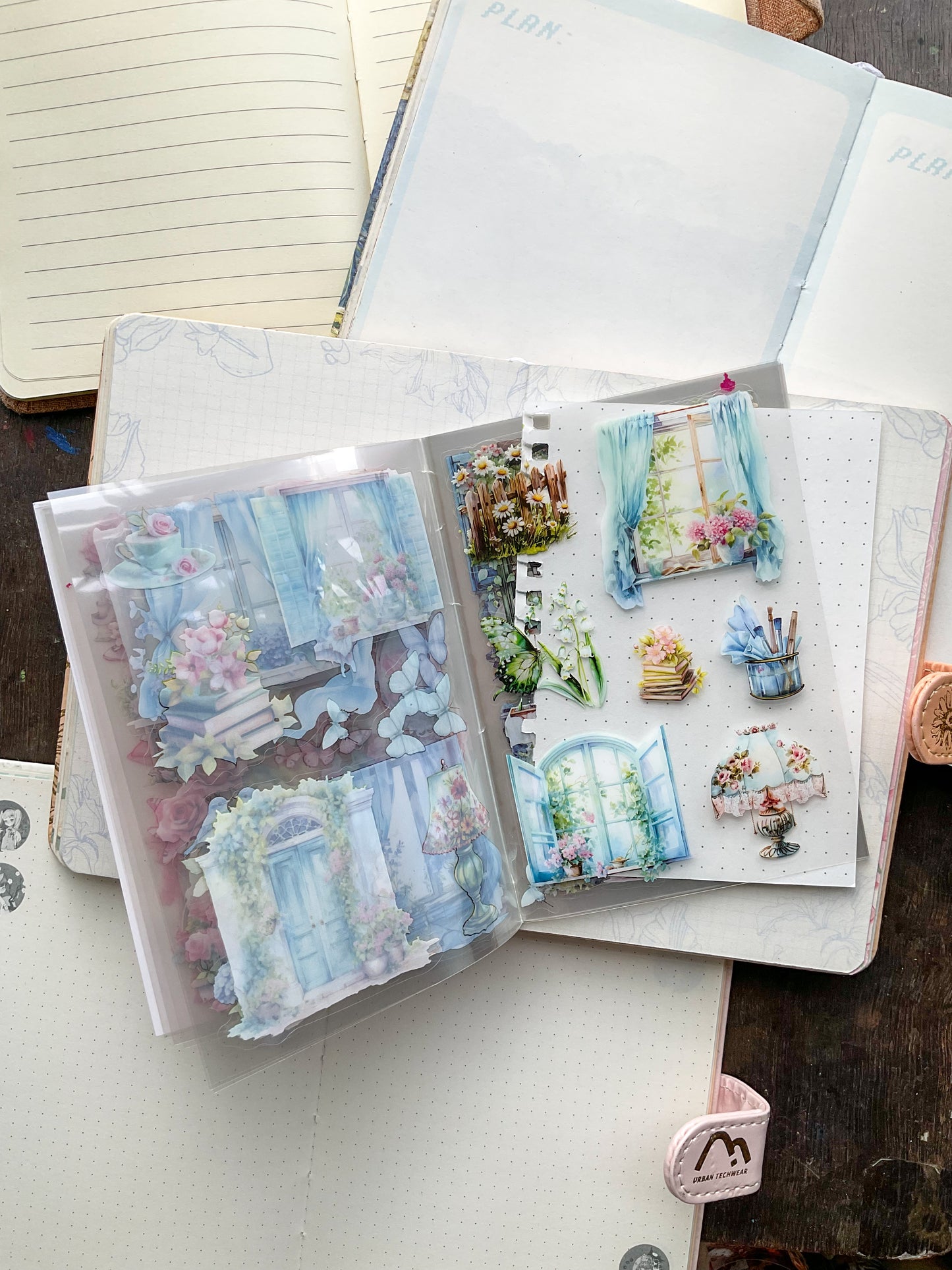 LLWS-401 Glazed Tiles Series Sticker Book|Fallen Flower Courtyard| Vintage Open Windows Sticker Book| Transparent Pet Sticker 20 Pcs Pink