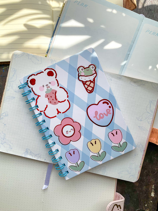 B501-Blue Check| Kawaii Dairy | Spiral binding |Square Grid Special Notebooks 80 Pages 17.5x12.5 cm |Spriral Cute Kawaii Character Diary