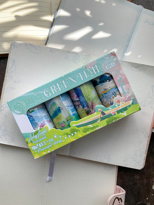 LYLY-201 Green Time Precut PET Sticker Roll Box| 4 Sticker Rolls 80mm*2m|Scenery Theme