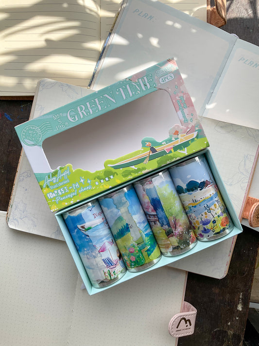 LYLY-201 Green Time Precut PET Sticker Roll Box| 4 Sticker Rolls 80mm*2m|Scenery Theme