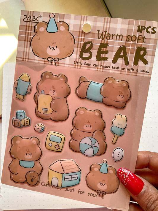 QXSS-12-03-Warm Soft BEAR| Animal Fluffy Sticker Pets 1 Sheet