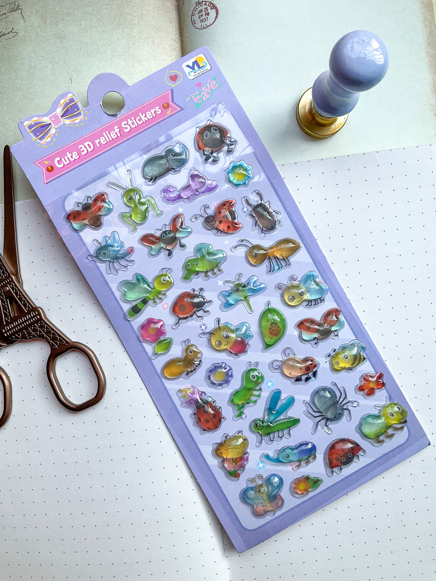 LDN #3-Cute 3D Embossed Kawaii Sticker Sheet| Puffy Sticker| Cute Insects Relief Sticker