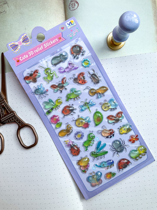 LDN #3-Cute 3D Embossed Kawaii Sticker Sheet| Puffy Sticker| Cute Insects Relief Sticker