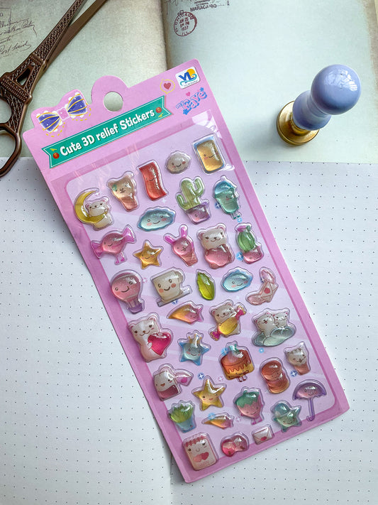 LDN #2-Cute 3D Embossed Kawaii Sticker Sheet| Puffy Sticker| Cute Cartoon Relief Sticker