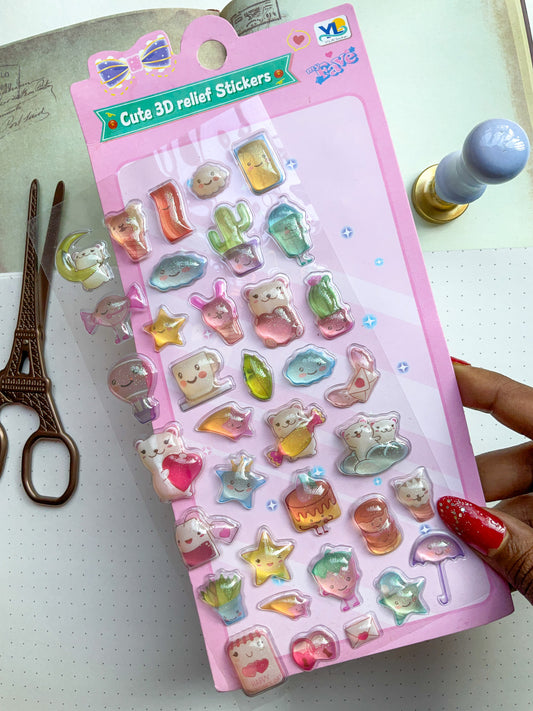 LDN #2-Cute 3D Embossed Kawaii Sticker Sheet| Puffy Sticker| Cute Cartoon Relief Sticker