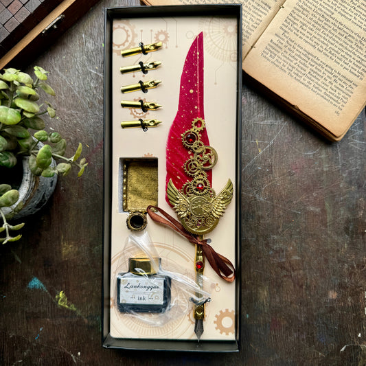 Red Feather Calligraphy Pen Set with Pen holder, Ink Bottle and 5 different Calligraphy Nibs