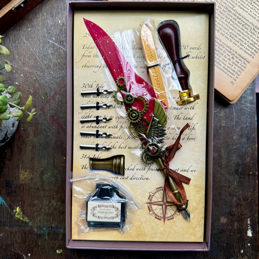 Red Feather Calligraphy Pen Set with Pen holder wax stick and stamp, Ink Bottle and 5 different Calligraphy Nibs