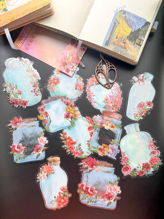 HGD-PZSJ004-Big Bottles with Foral Transparent PET Sticker | 10 Designs | 20 Stickers