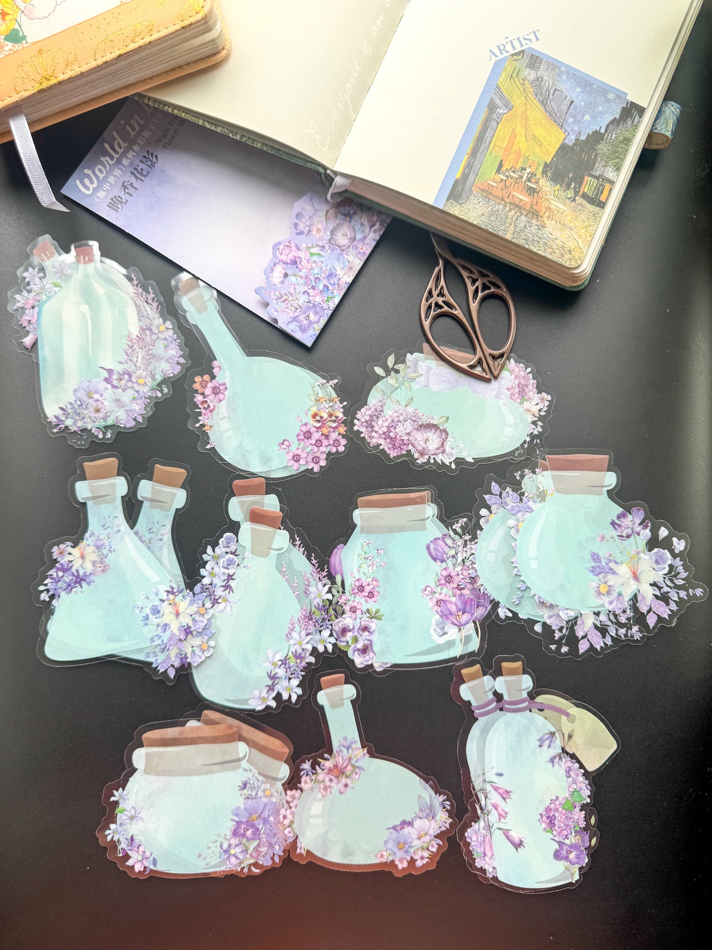 HGD-PZSJ002-Big Bottles with Foral Transparent PET Sticker | 10 Designs | 20 Stickers