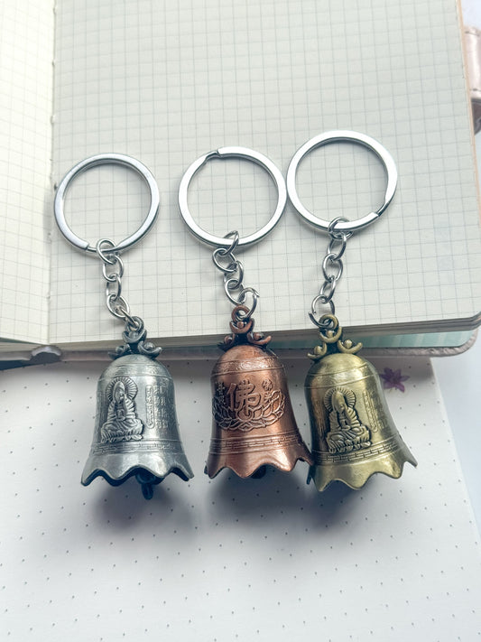 Antique Buddha Guardian Bell || Keychain | Vintage Bike or Car Pendant Key Ring | Spiritual Lucy Charm | Brown & Silver &  Gold |