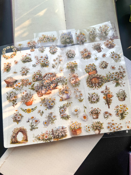MYHZ-605 GREEN DAISY| Dream Shadow Bloom Series Pet Sticker Sheets|6 Sheets 100*150mm| White Themed