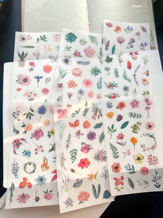 Xxhz08a304 Journal Translucent Floral & Leaf Stickers - Deco Sticker - 6 sheet | Pre-cut | Kiss-cut