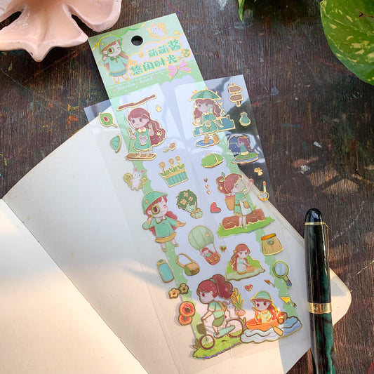 XmHk004 Green Girl | Transparent Foiled Pet Sticker | Kawaii | Set of 2 Sticker Sheet | Pre Cut Stickers | Kiss Cut Stickers