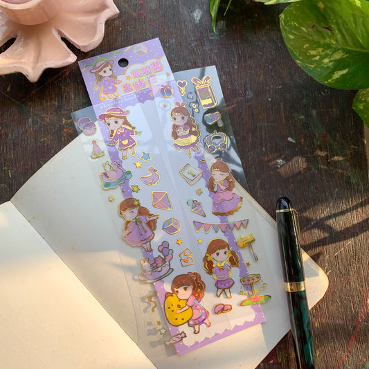 XmHk002 Purple Girl | Transparent Foiled Pet Sticker | Kawaii | Set of 2 Sticker Sheet | Pre Cut Stickers | Kiss Cut Stickers