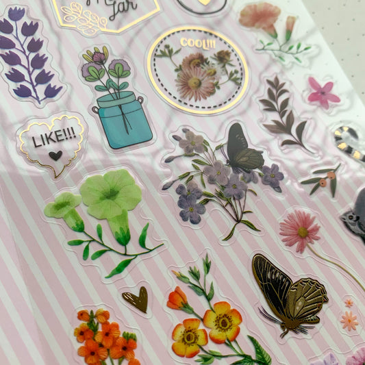 Wxfs 5 Journal Transparent Wild Flower Foil Stickers - Pet Sticker - 1 sheet | Pre-cut | Kiss-cut